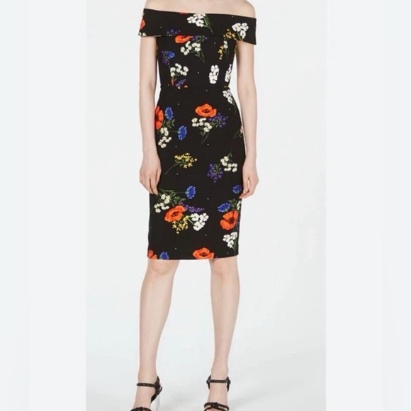 Calvin Klein Dresses & Skirts - Calvin Klein Black Off-Shoulder Floral sheath Dress | cocktail floral dress 10
